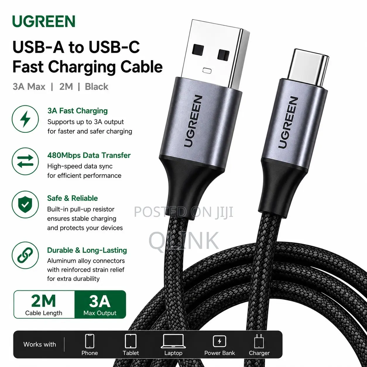 Ugreen USB-a to USB-C Fast Charging Cable 3a Max Black 2m