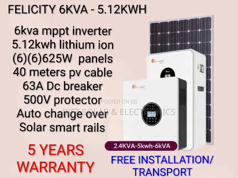 Felicity 6kva Inverter - 5.12kwh Lithium -(6)625w Solar Panels Offgrid