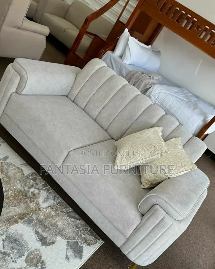Cream Channel-Tufted 3-Seater Sofa With Golden Legs