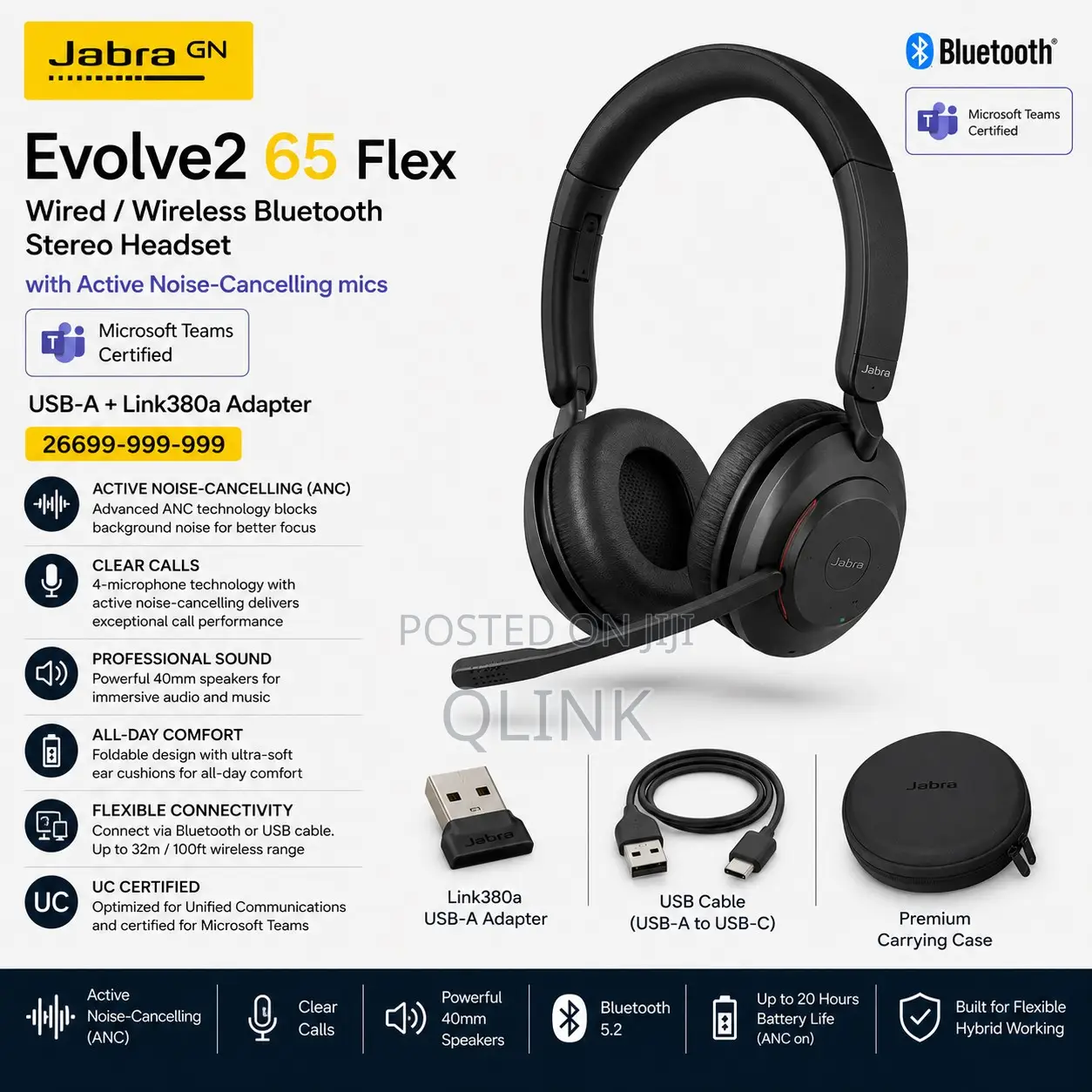Jabra Evolve2 65 Flex Wired/ Wireless Bluetooth Stereo Headset