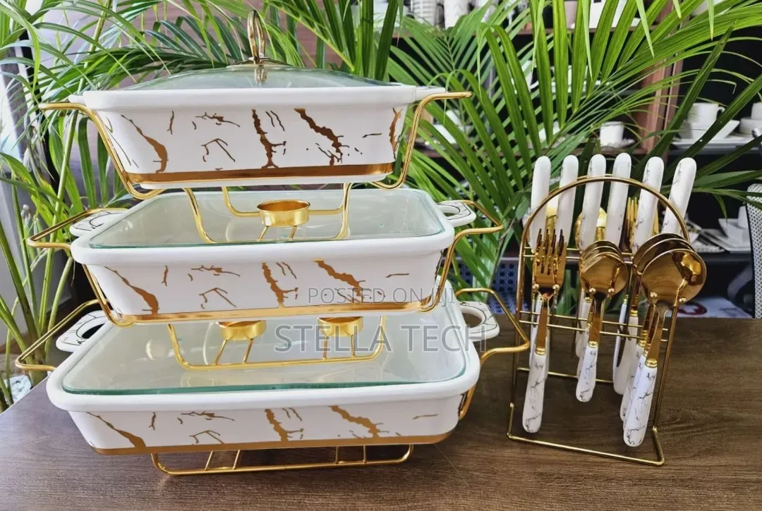 3pcs White Gold Ceramic Chaffing Dish