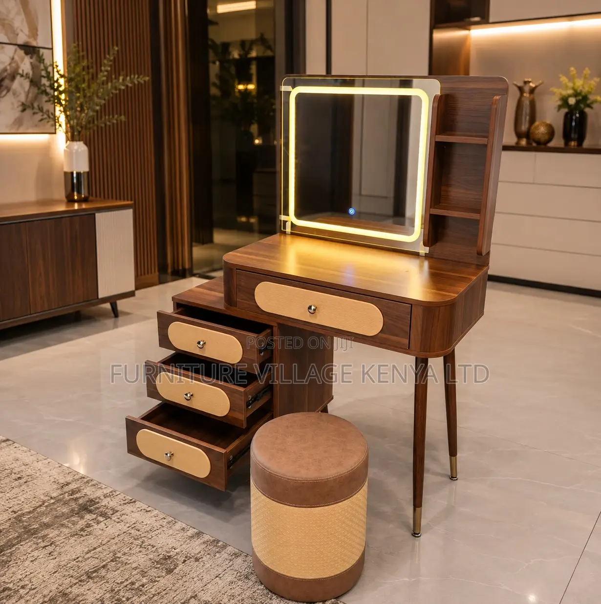 Dressing Table; Vintage Led Light Make Up Brown Modern Dressing Table