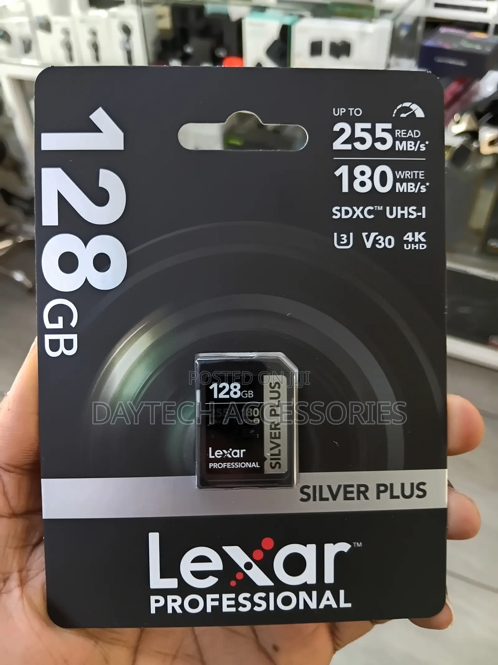 The Lexar Professional Silver Plus 128GB UHS-I SDXC Memory Card.