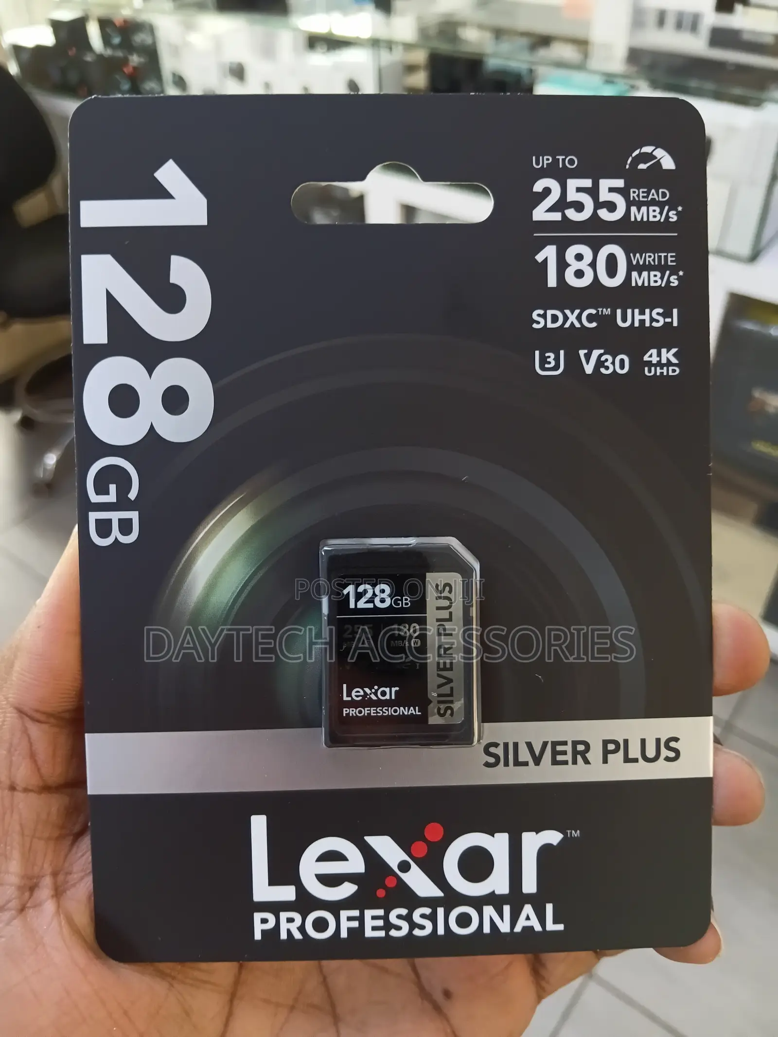 The Lexar Professional Silver Plus 128GB UHS-I SDXC Memory Card.
