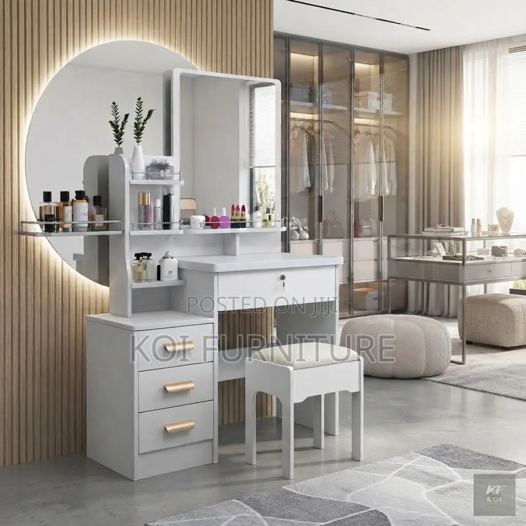 Dressers; Modern White Dressing Vanity Table With Stool