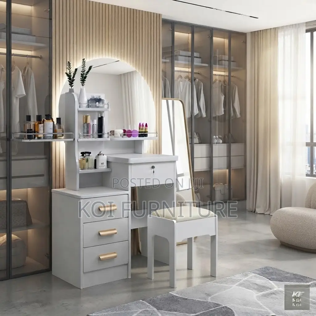 Dressers; Modern White Dressing Vanity Table With Stool