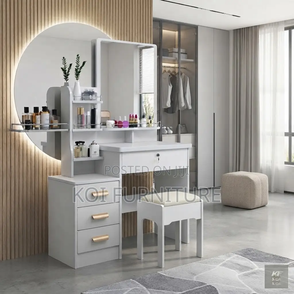 Dressers; Modern White Dressing Vanity Table With Stool