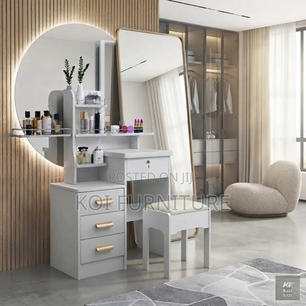 Dressers; Modern White Dressing Vanity Table With Stool