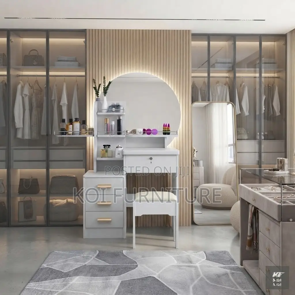 Dressers; Modern White Dressing Vanity Table With Stool