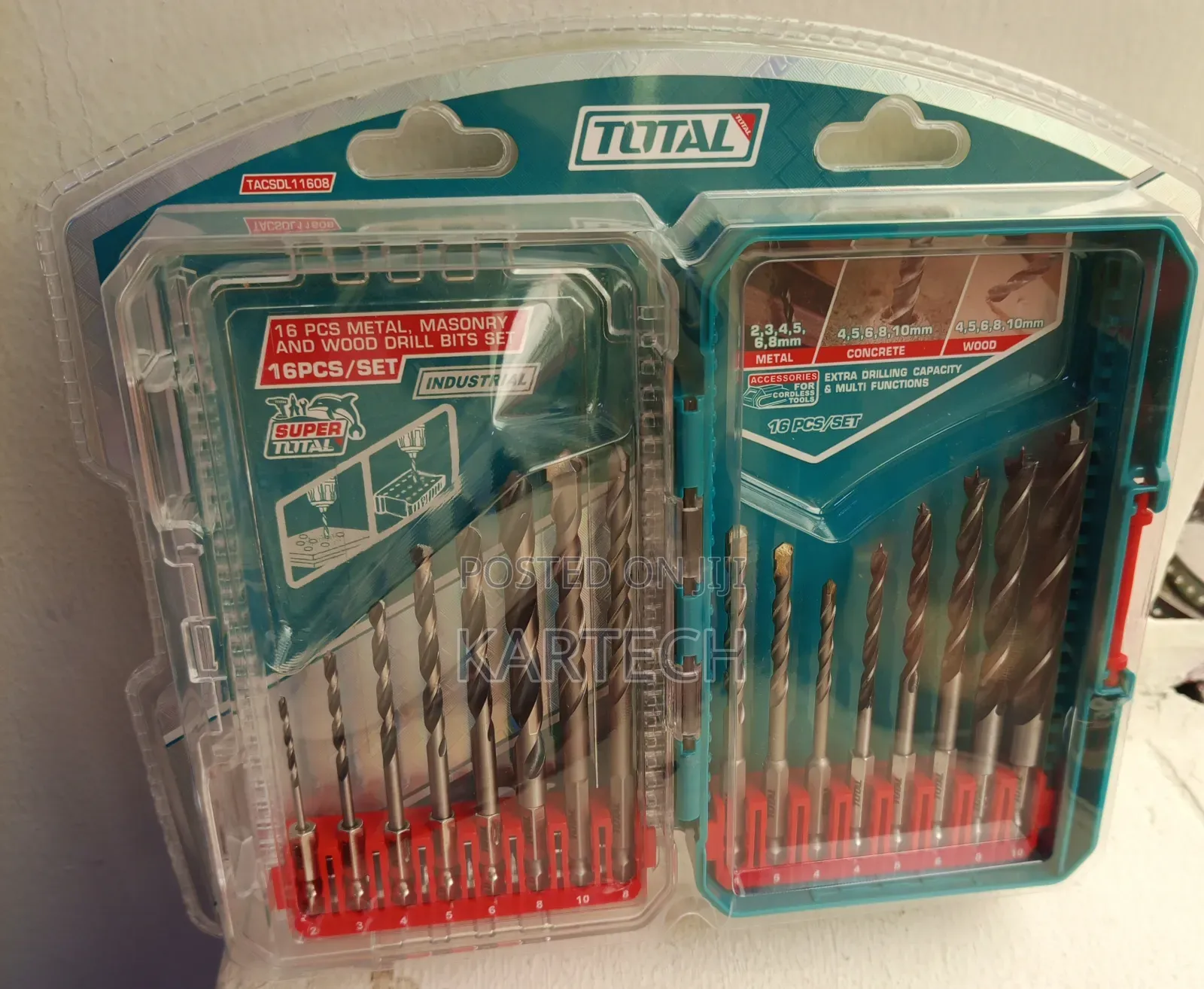 TOTAL 16PCS Industrial Metal, Masonry Wood Drill Bit Set