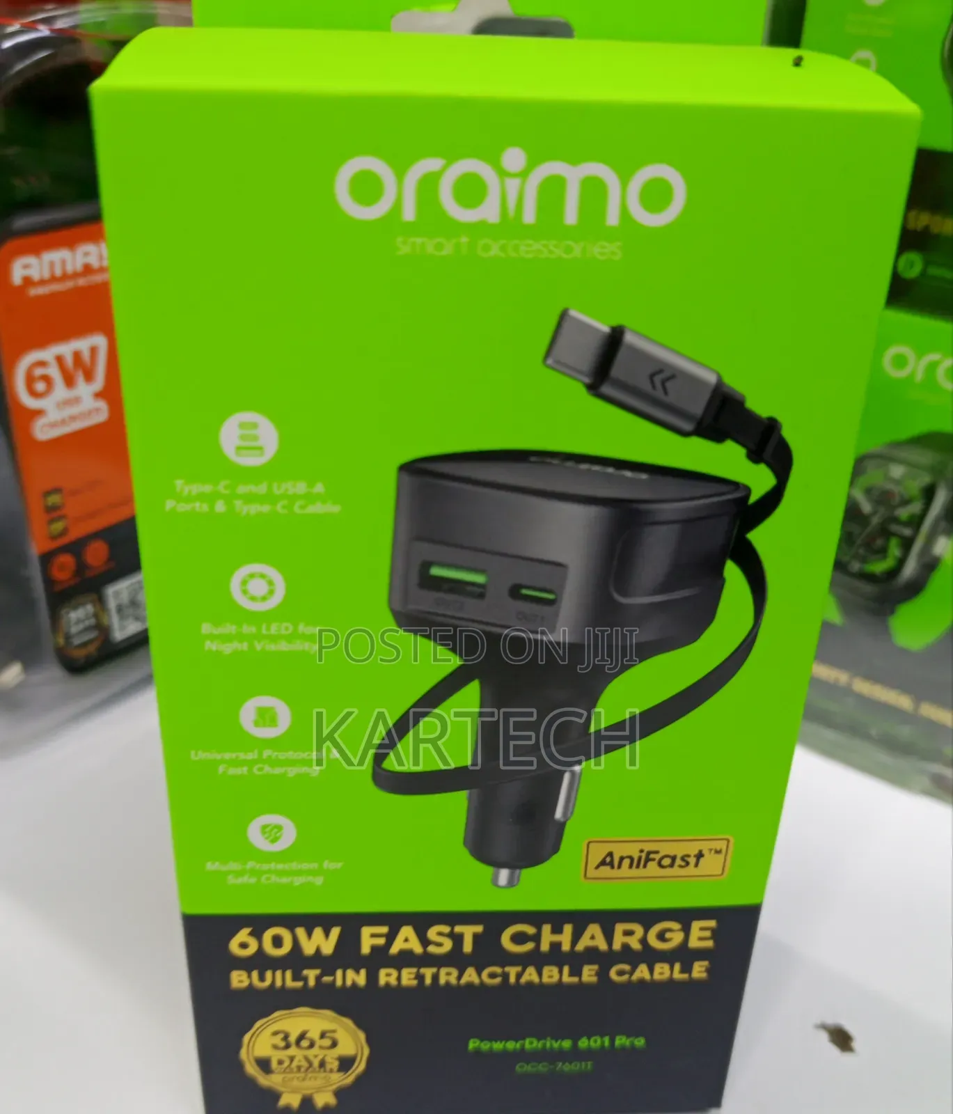 Oraimo 60W Fast-Charging Car Adapter – OCC-7601T With Inbuilt Cable