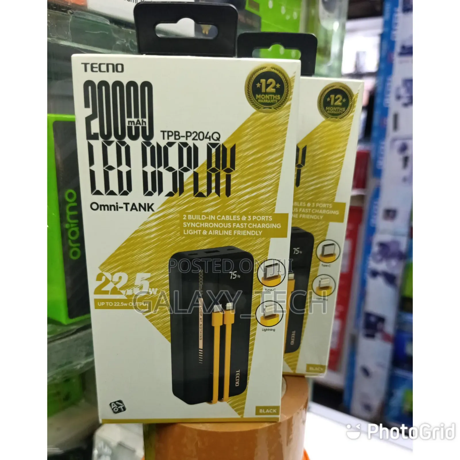 TECNO 20000mAh 22.5W - Built-in iPhone Type-C Cables + LED %Display