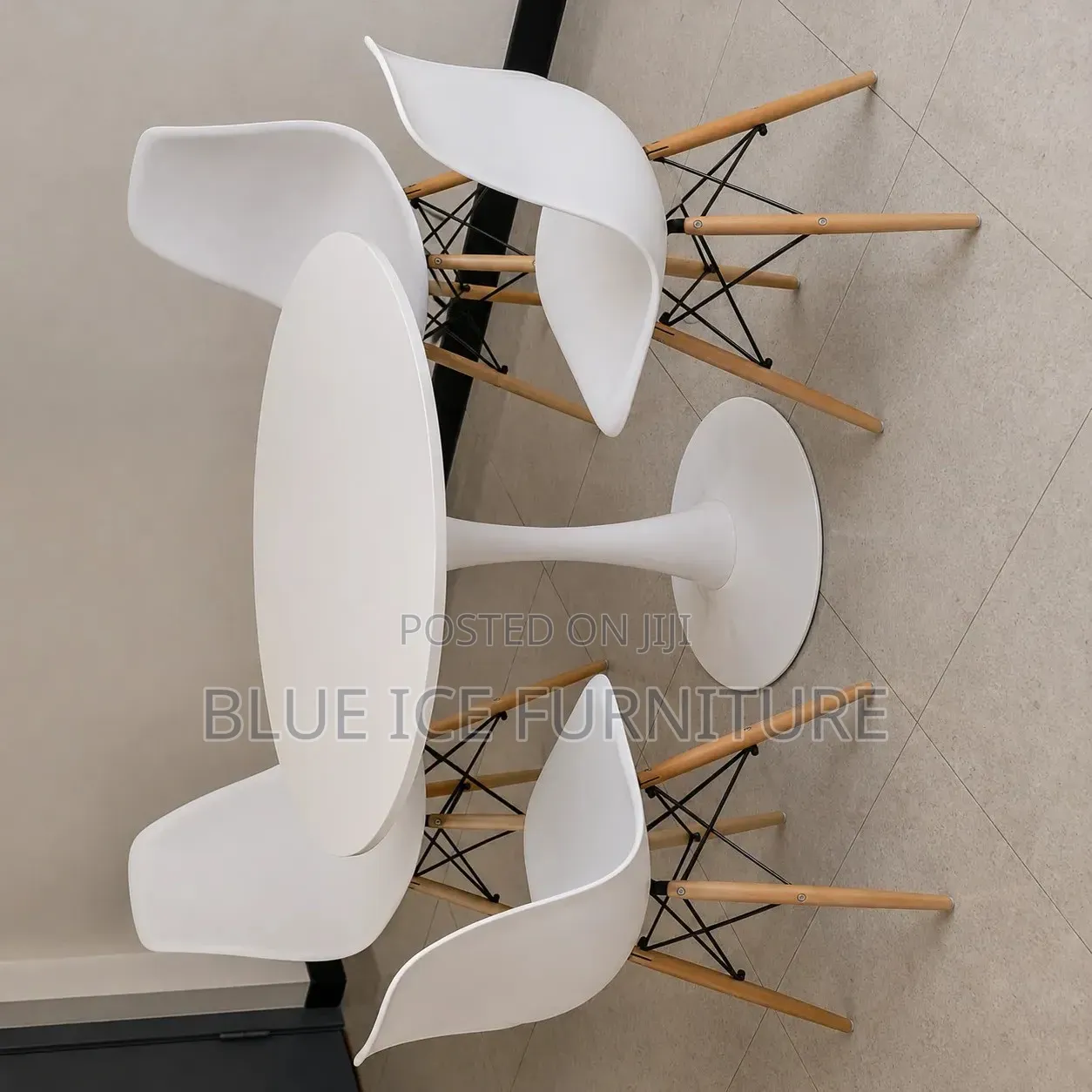 4-Seater Round Dining Table Set With Modern White Chairs