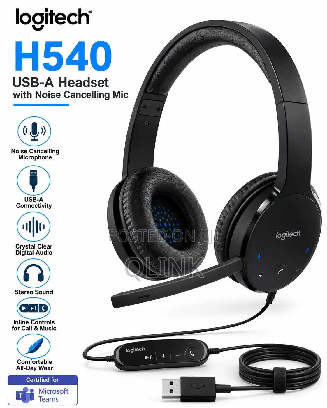 Logitech H540 USB-A Headset With Noise Cancelling Mic - Black