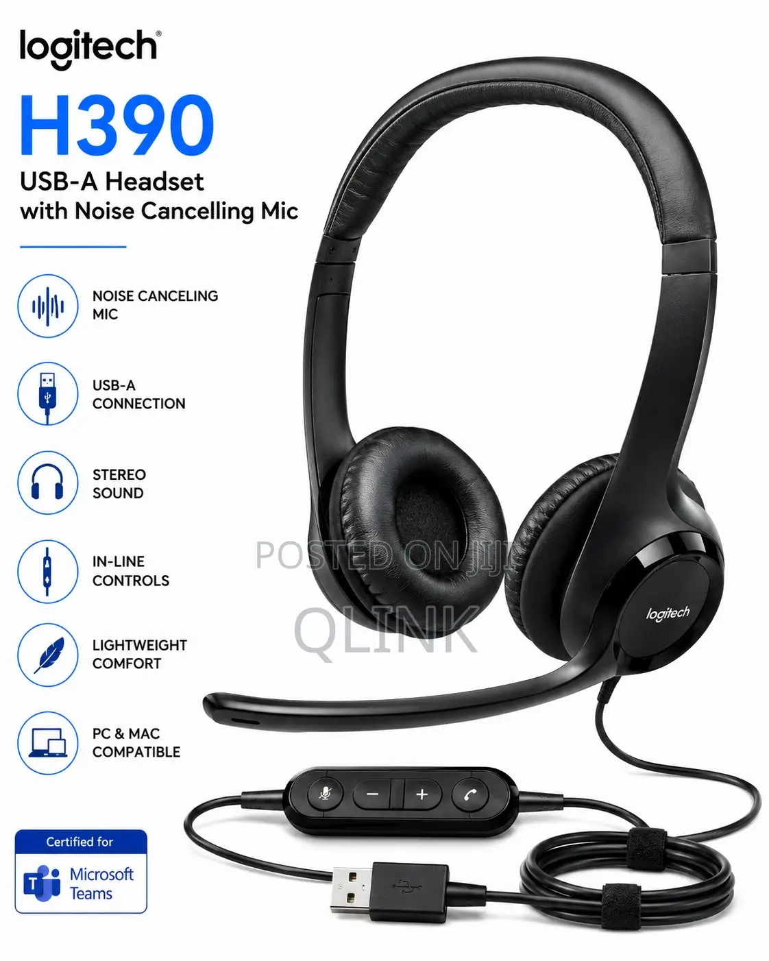 Logitech H390 USB-A Headset With Noise Cancelling Mic - Black
