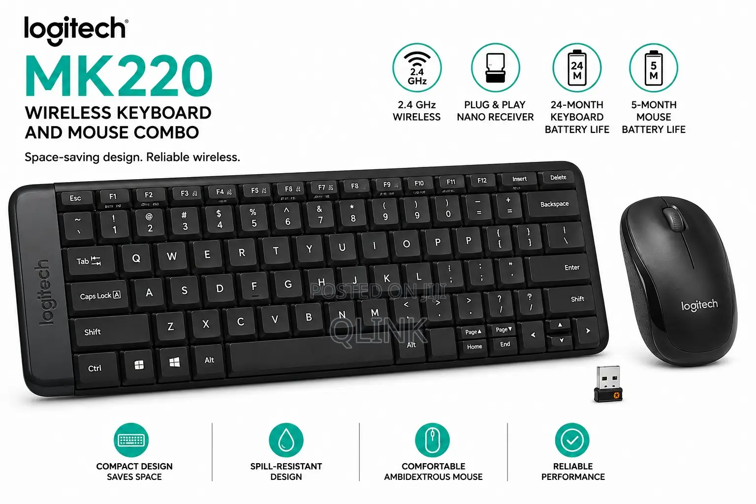 Logitech MK220 Wireless Keyboard and Mouse Combo - Black
