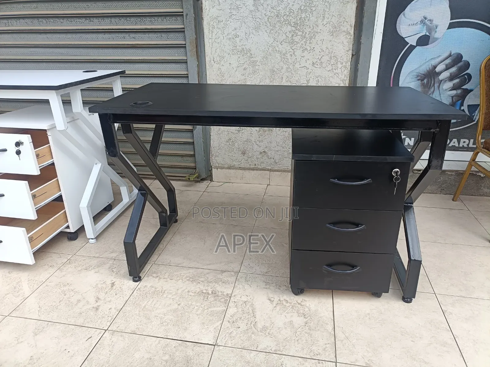 Black Metallic Flame Desk and 3 Drawers Pedestal