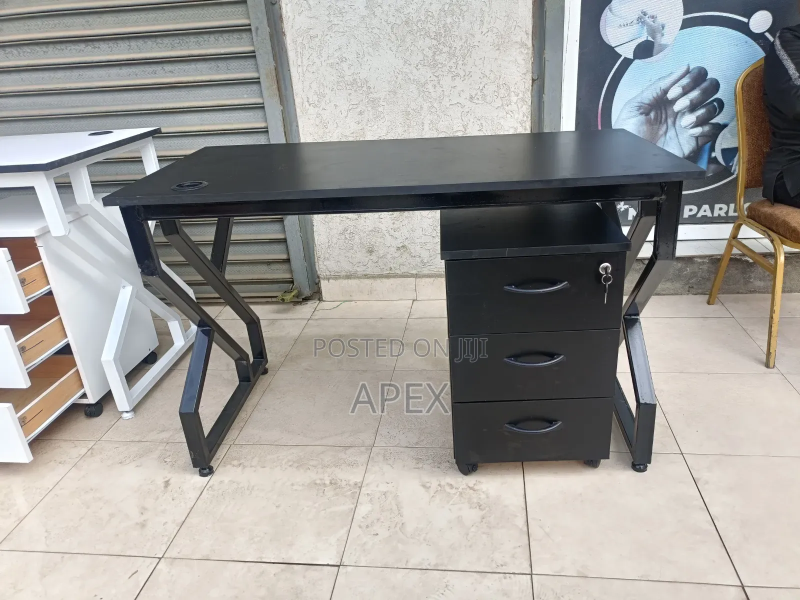 Black Metallic Flame Desk and 3 Drawers Pedestal