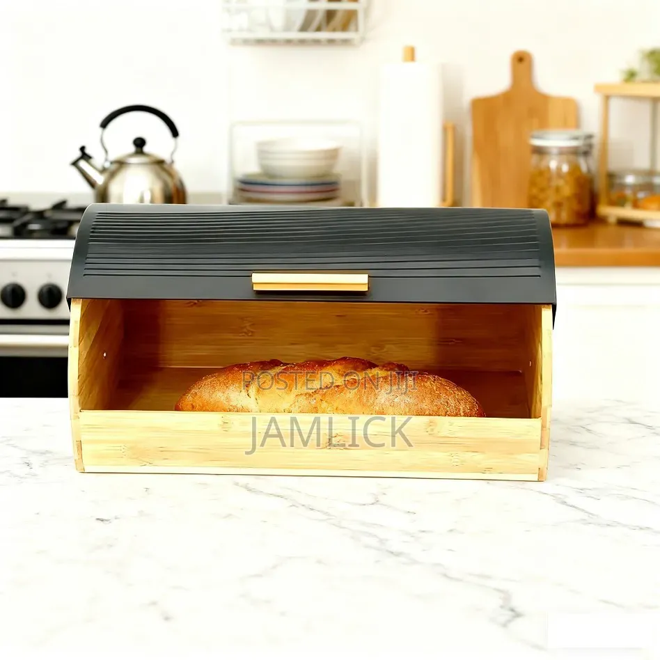 Bamboo Bread Box With Roll-Top Black Lid - Av
