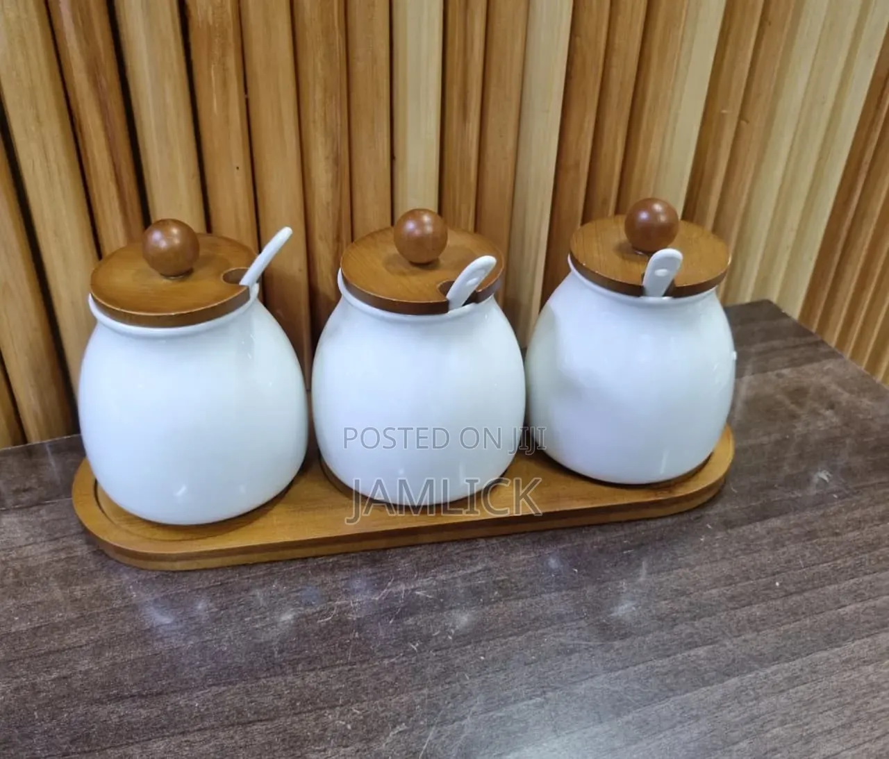 3-PCS Ceramic Canister Set With Bamboo Base - Av