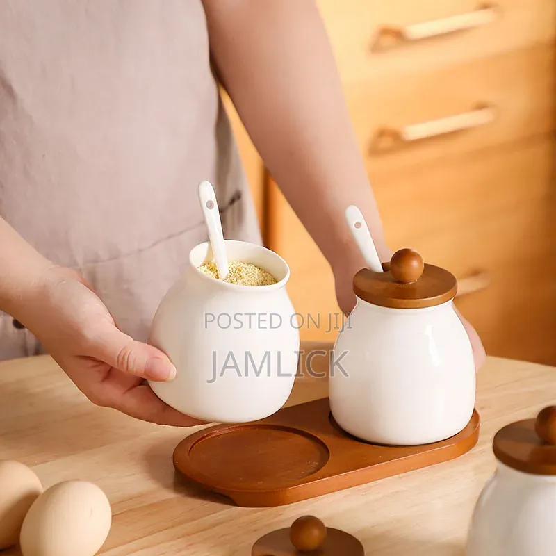 3-PCS Ceramic Canister Set With Bamboo Base - Av