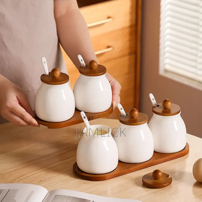 3-PCS Ceramic Canister Set With Bamboo Base - Av