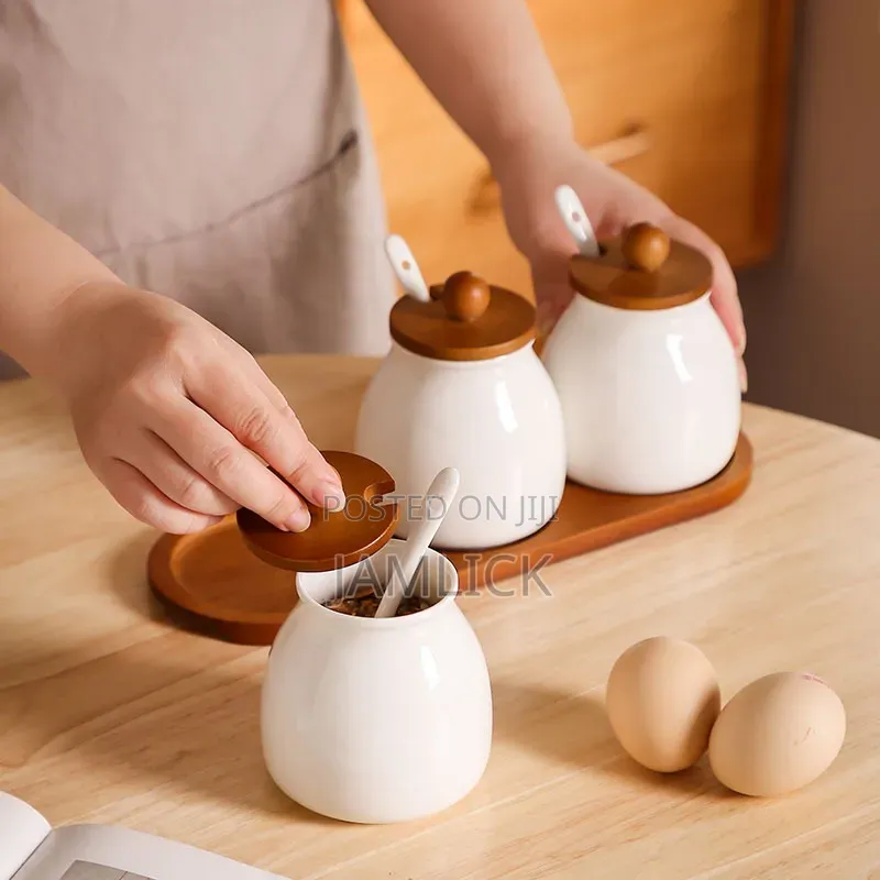 3-PCS Ceramic Canister Set With Bamboo Base - Av