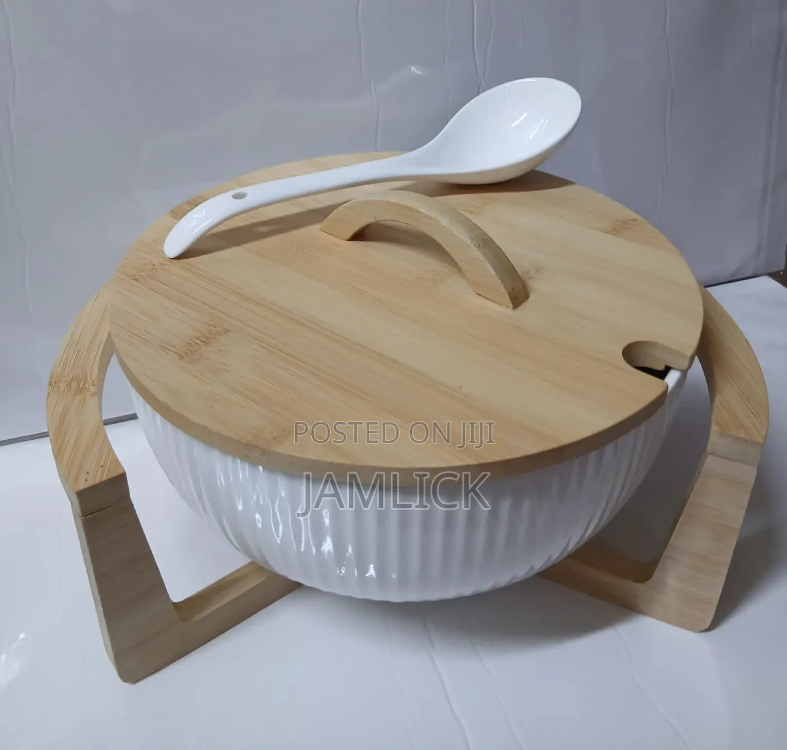 Ceramic Salad Bowl Set With Bamboo Stand - Bz