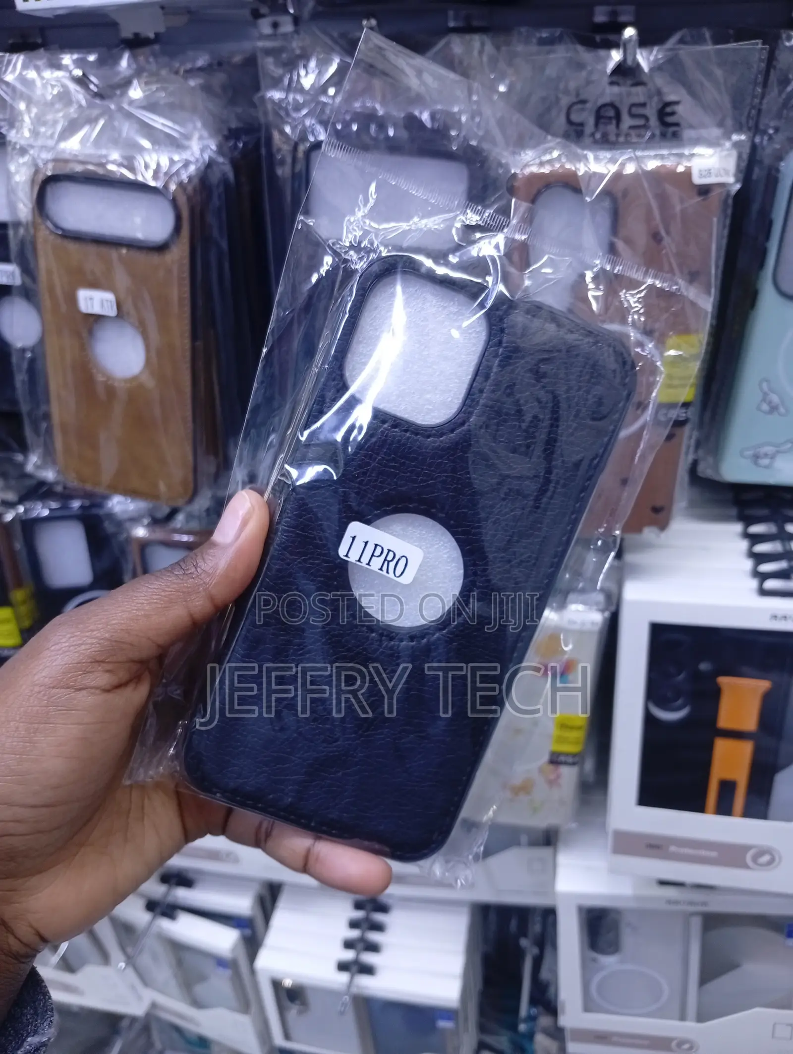 Black Faux-Leather Logo Phone Case Designed for an iPhone 11 Pro