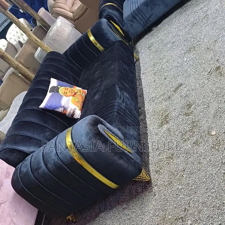 3 Seater Lux Dark Blue Sofa With Gold Trim