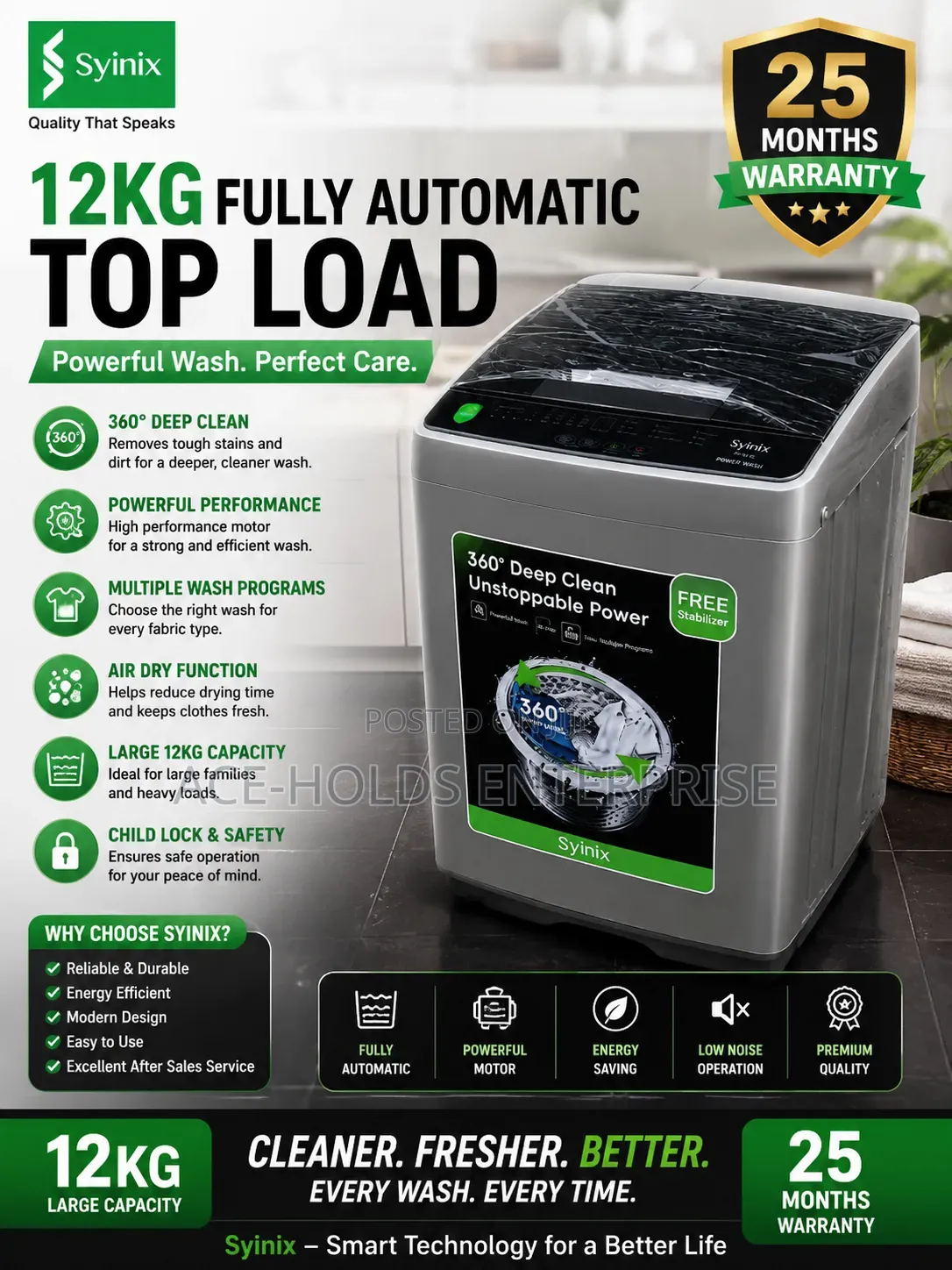 12kg Syinix Fully Automatic Top Load 25months Warranty