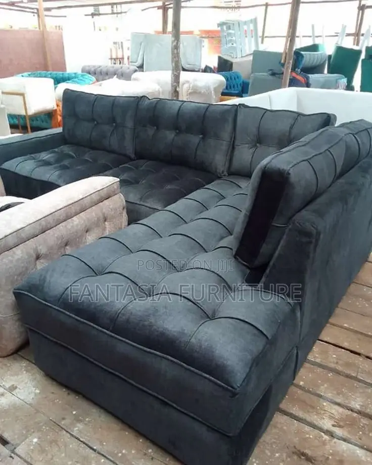 5 Seater Jet Grey Box-Tufted L-Shape Sofa