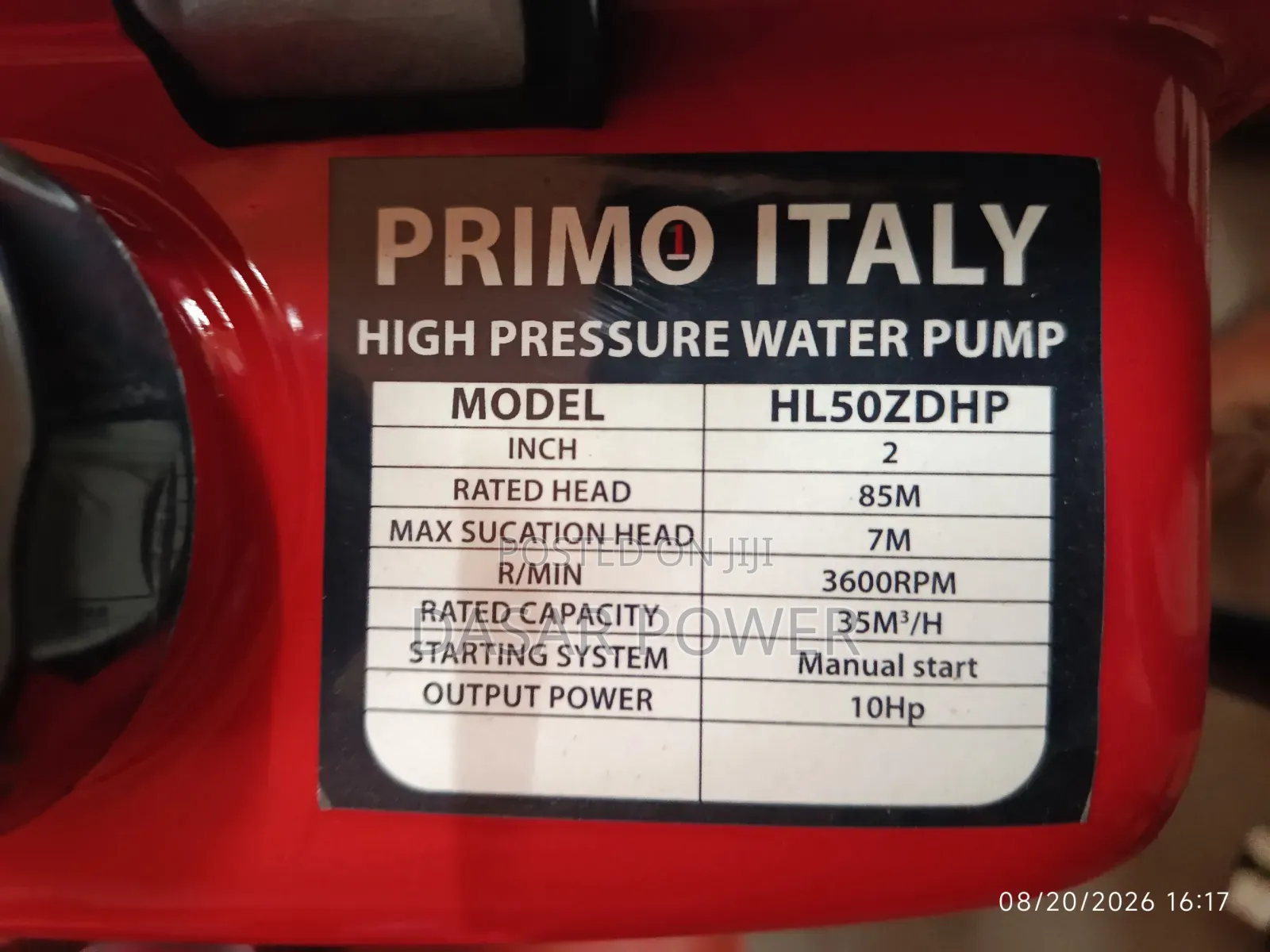 Primo Italy High Pressure Water Pump, Model HL50ZDHP