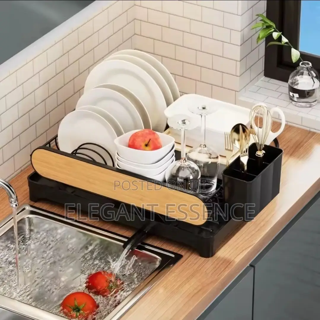 Compact Countertop Minimalist Dish Rack With Modern Wood-Grain Design