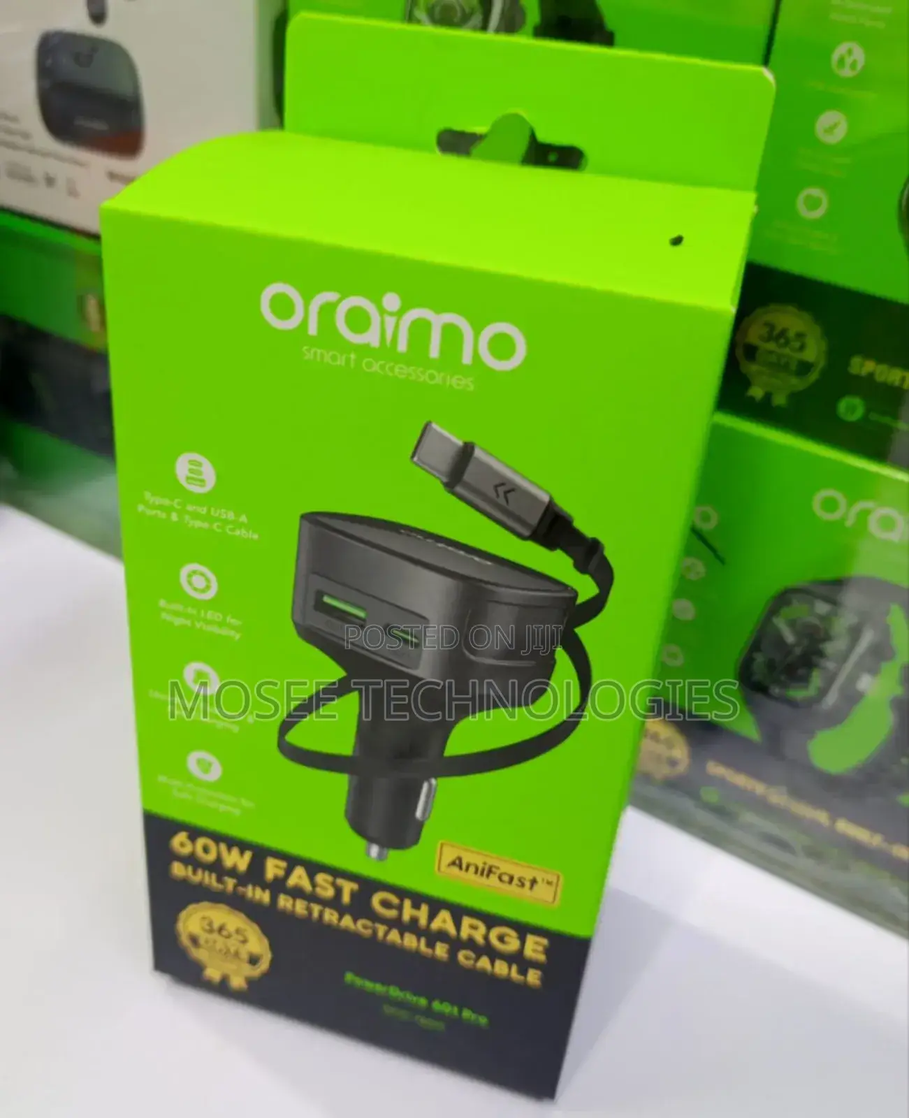 Oraimo 60W Car Fast Charger With Built-in Retractable Cable