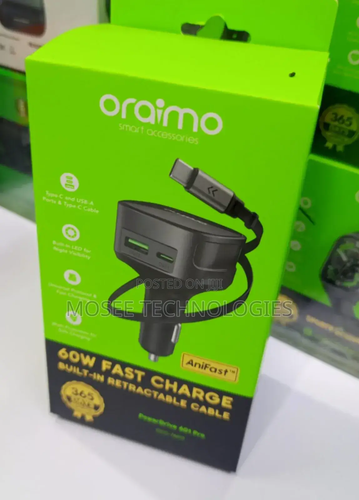 Oraimo 60W Car Fast Charger With Built-in Retractable Cable