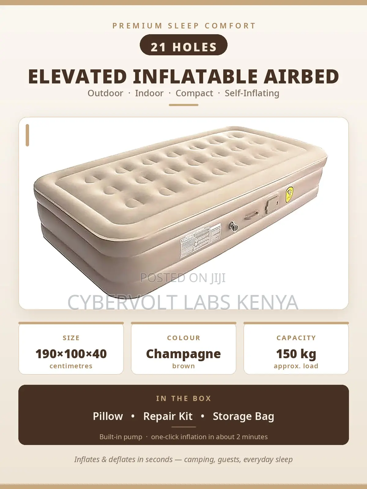 Self-Inflating Elevated Airbed Mattress With Built-in Pump
