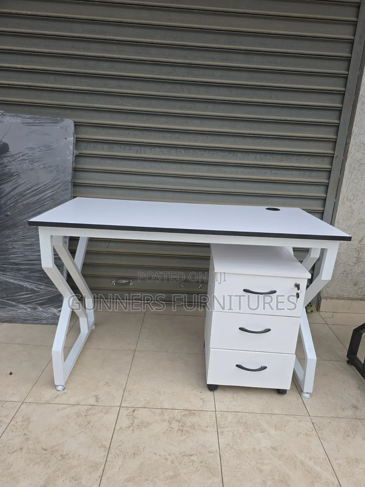 White Metallic Frame Desk and a Pedestal