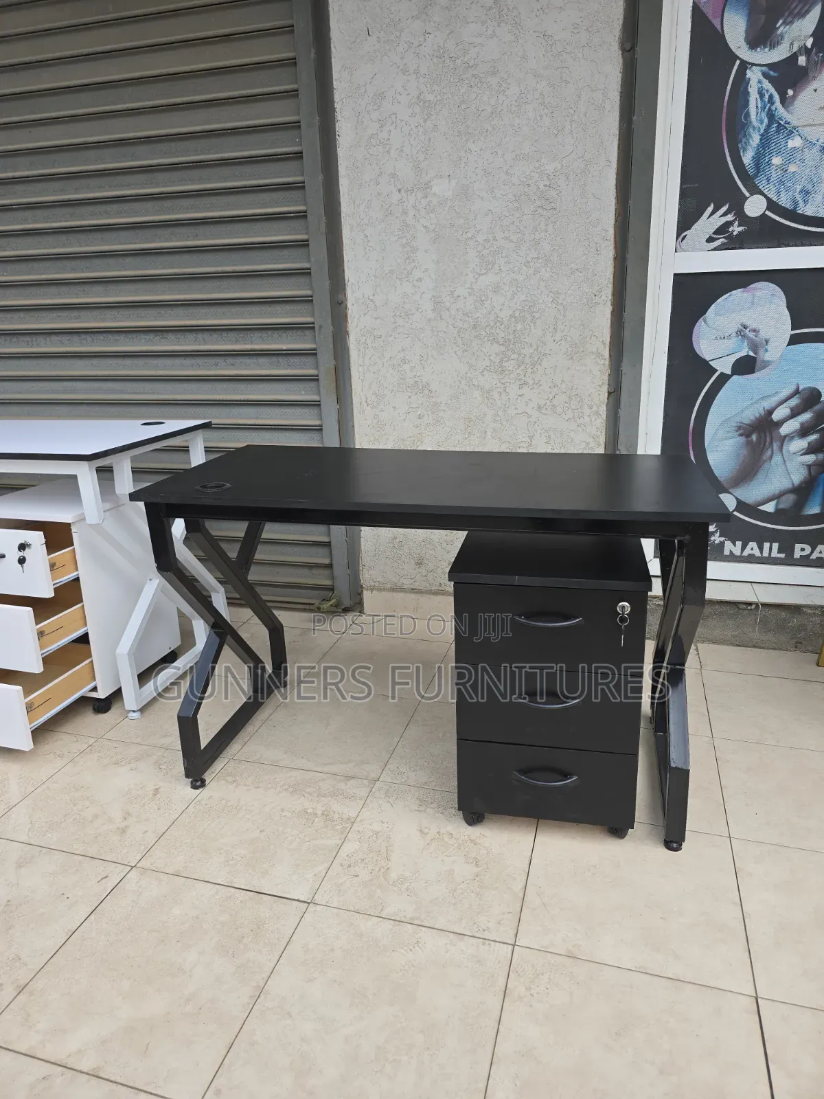 Combination Black Desk and Pedestal