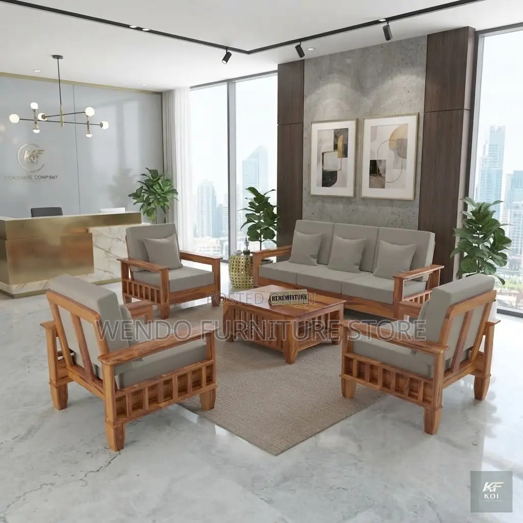 Office Sofa; Five Seaters Leather Cushioned Sofa Set With Mahogany