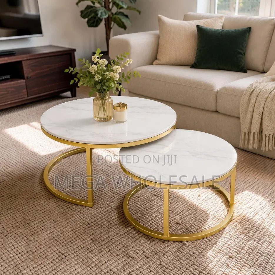 Durable Build Marble Nesting Coffee Table Set With Gold Metal Frame