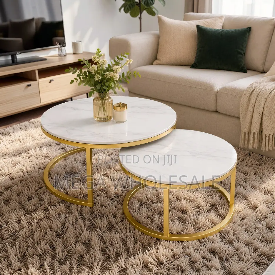 Smooth Surface Marble Nesting Coffee Table Set With Gold Metal Frame