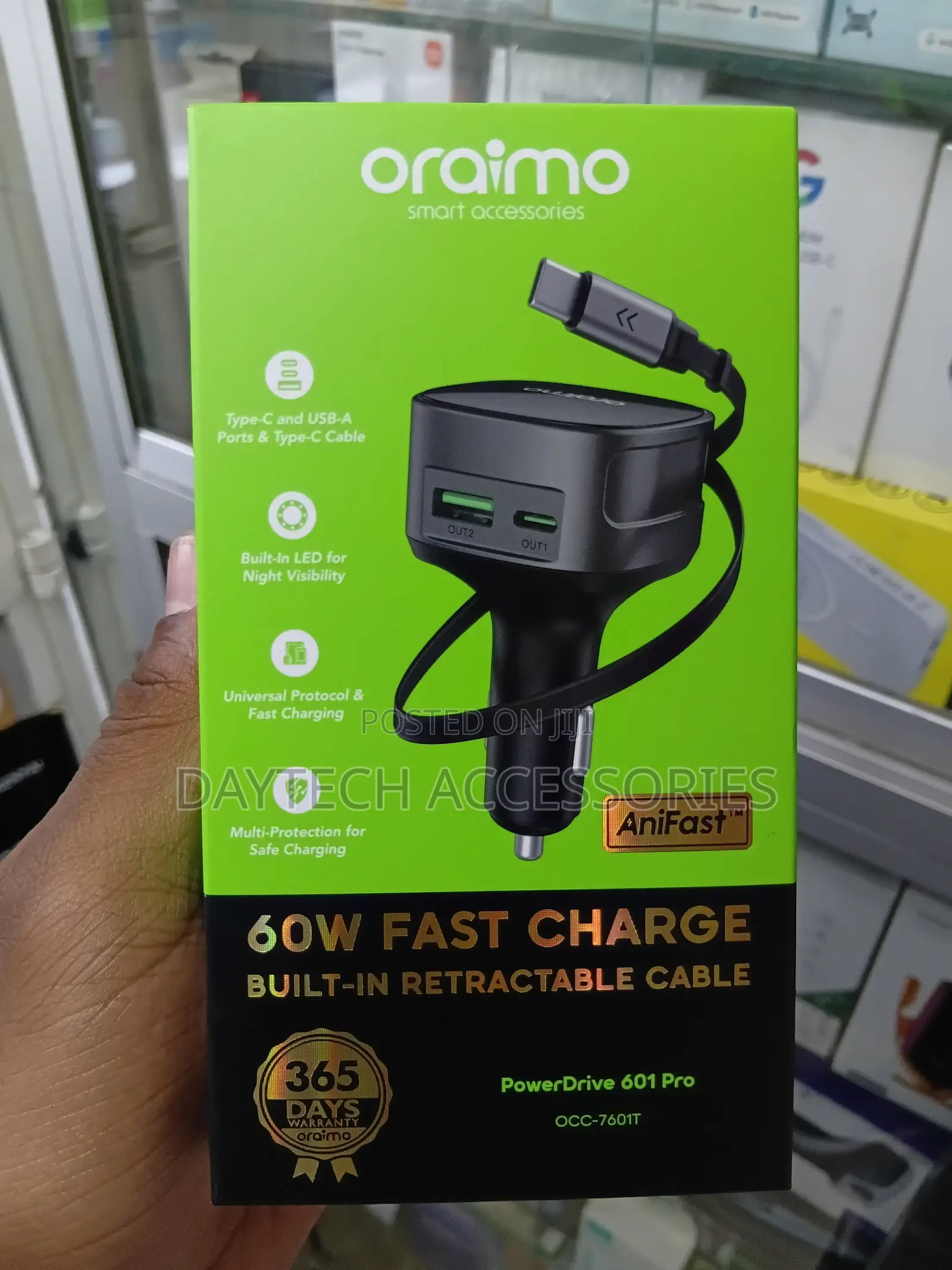 Oraimo PowerDrive 601 Pro (OCC-7601T) 60W Fast-Charging Car Charger.