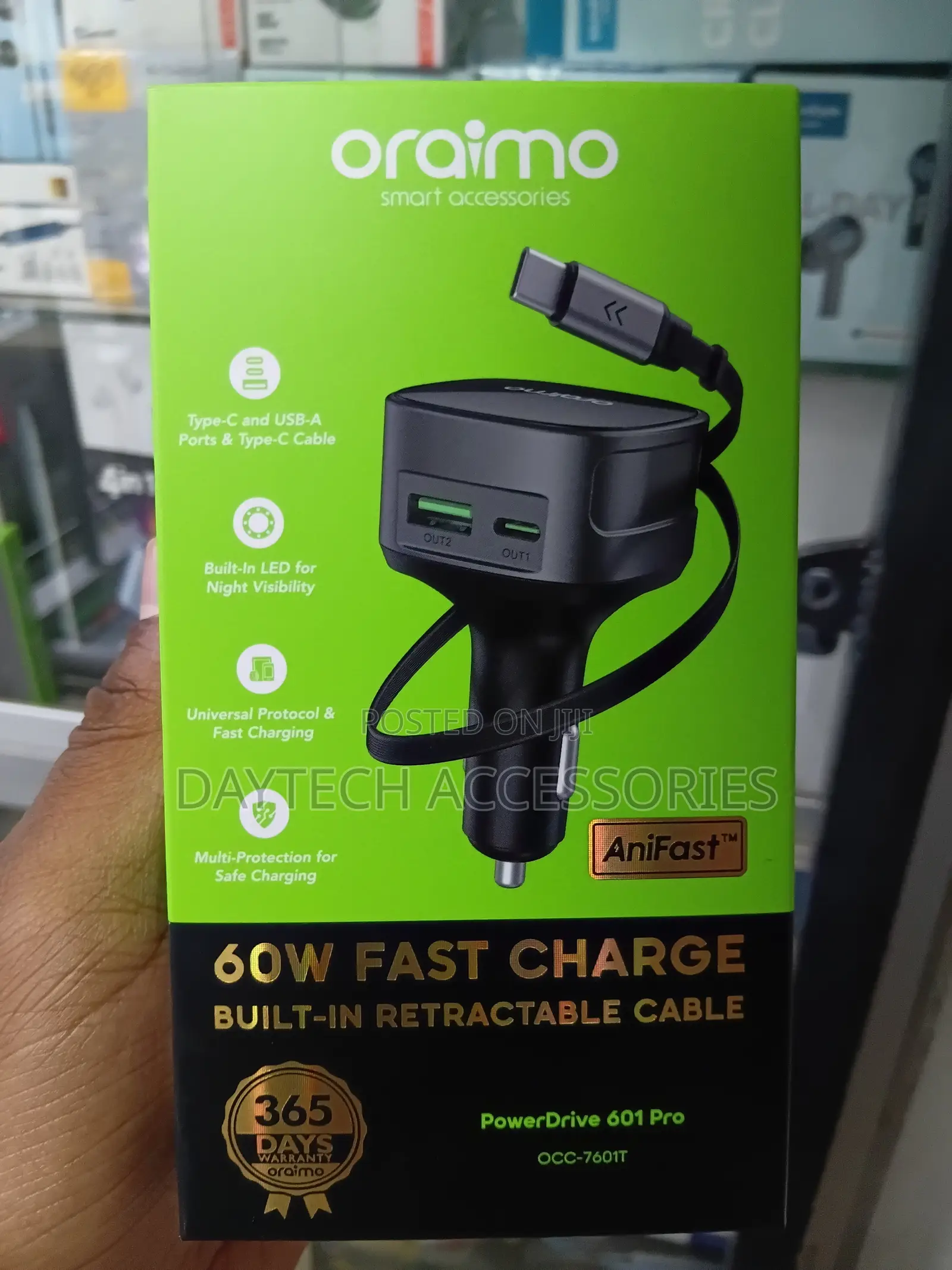 Oraimo PowerDrive 601 Pro (OCC-7601T) 60W Fast-Charging Car Charger.