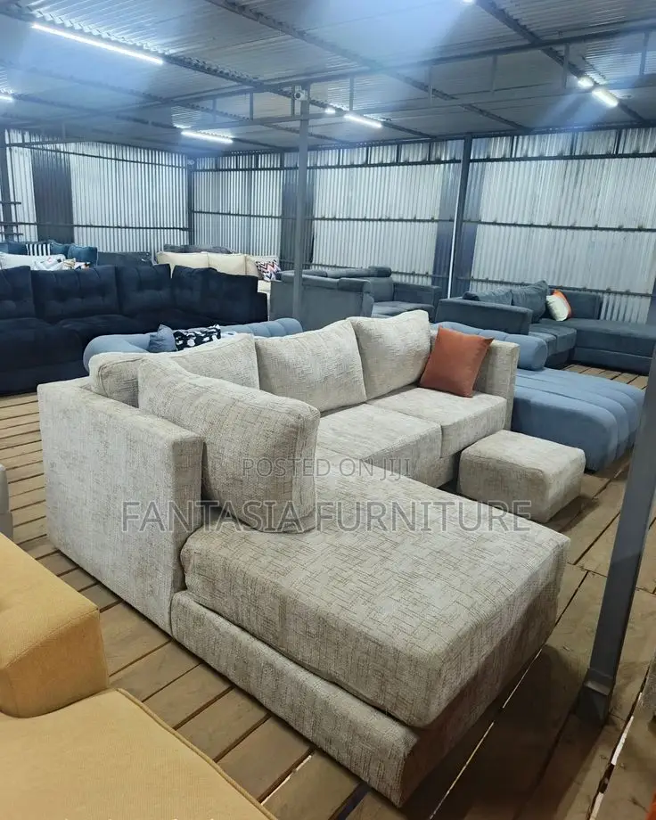 5 Seater Beige Textured Chaise L-Shaped Sofa + Ottoman