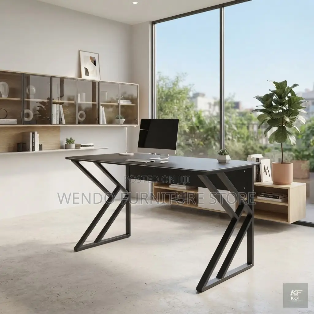 Office Desk; 1400mm Black Wooden Home Office Desk With Metallic Base