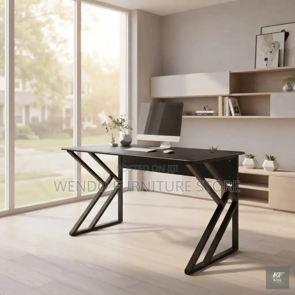 Office Desk; 1400mm Black Wooden Home Office Desk With Metallic Base