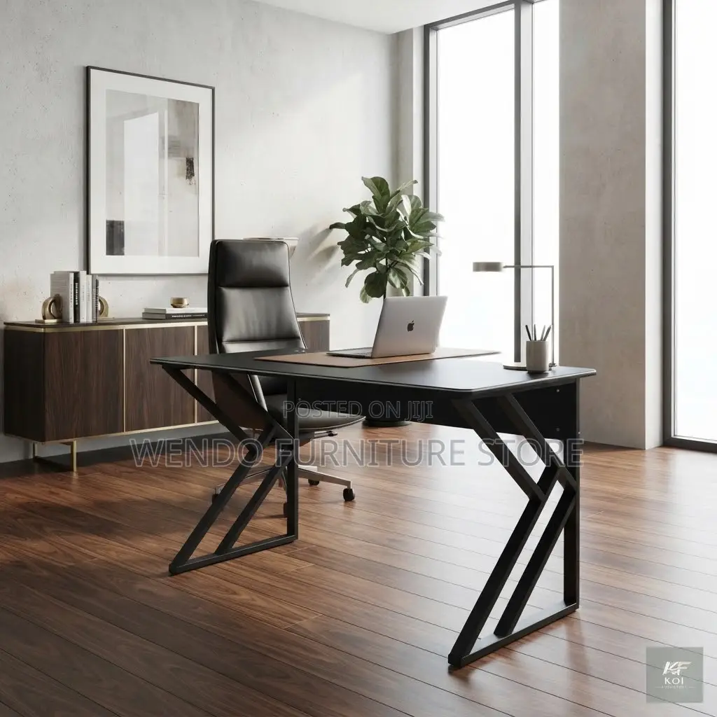 Office Desk; 1400mm Black Wooden Home Office Desk With Metallic Base