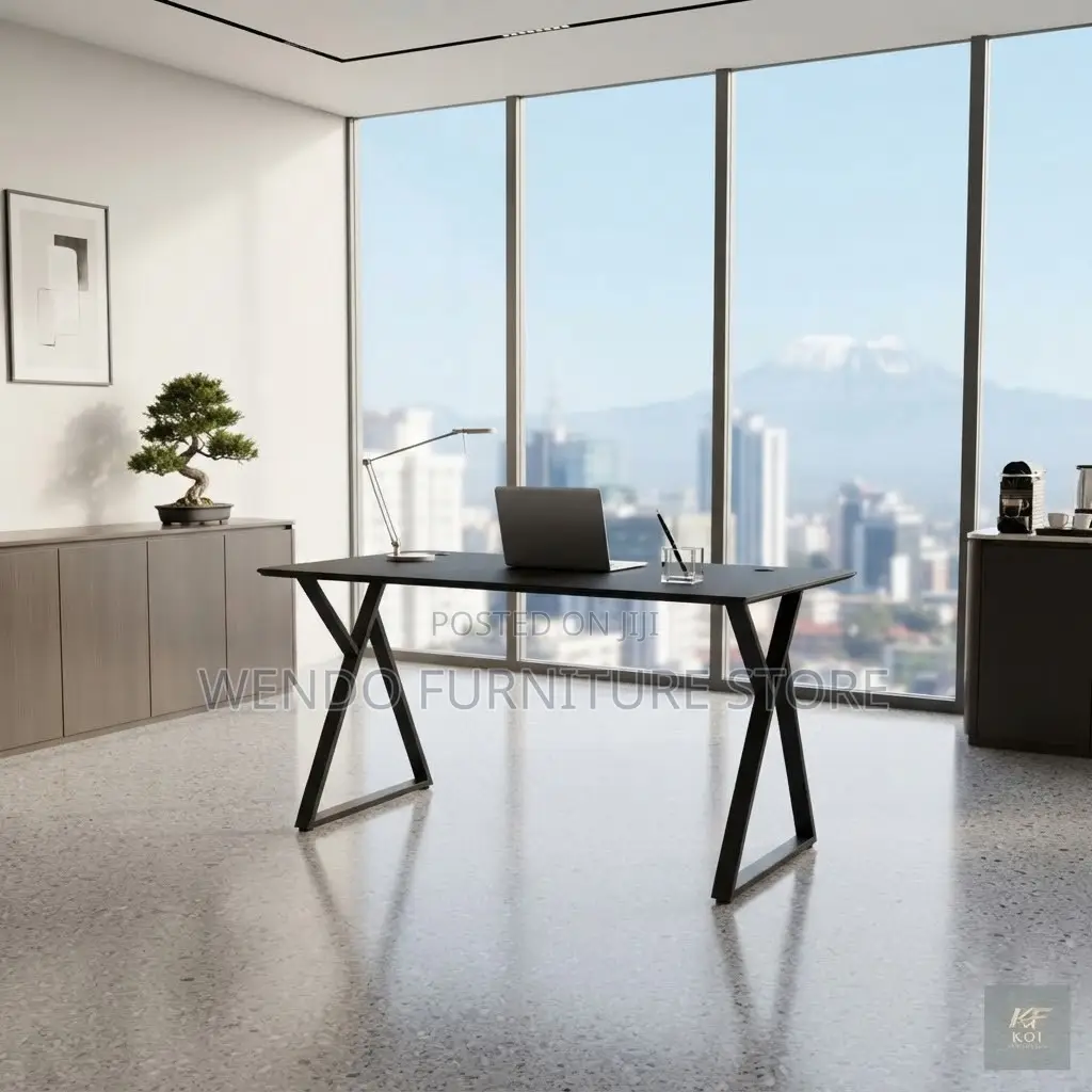 Office Desk; 1400mm Black Wooden Home Office Desk With Metallic Base