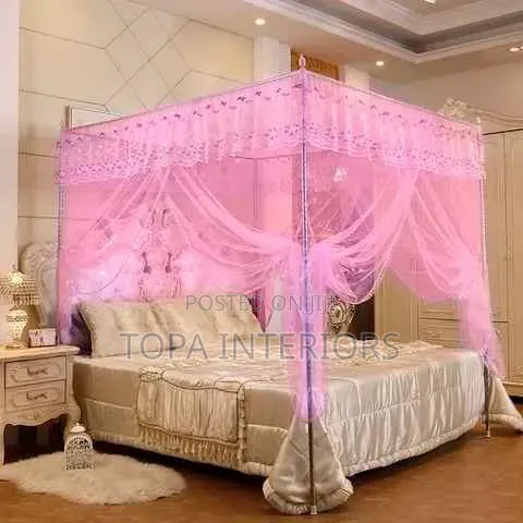 Elegant Pink Bed Mosquito Nets for Girls Bedroom With 4 Stands